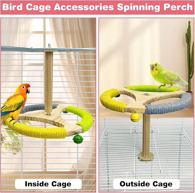 PINVNBY Hanging Bird Stand Perch Toy Wooden Spinning Parrot Perch with Cotton Rope and Bell Interactive Cockatiel Toy Bird Cage Accessories for Parakeets Conures Budgies Finches Lovebirds-Mewly Pet