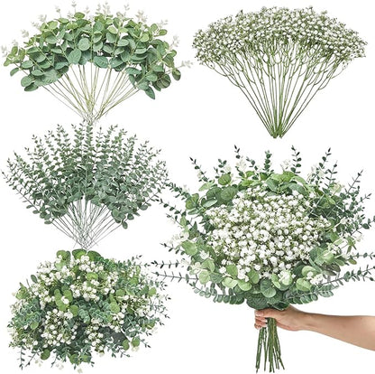 Serwalin 100 Pcs Mixed Artificial Eucalyptus Stems,Babys Breath Artificial Flowers Bulk with Faux Eucalyptus Leaves Greenery Stems for Wedding DIY Bouquets Floral Arrangement Home Decor