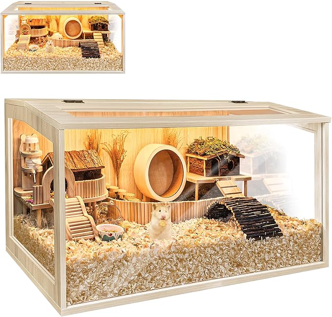 Prolee Hamster Cage Chewproof Wooden 24 Inch Guinea Pig Cages Mice and Rat Habitat Openable Top with Acrylic Sheets Solid Built-Mewly Pet