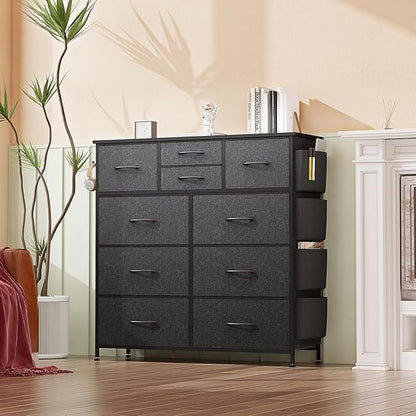 10 Drawer Dresser, Chest of Drawers for Bedroom, Fabric Dresser Drawers with Side Pockets, Hooks, Wooden Top and Sturdy Metal Frame for Living Room, Closet, Hallway, Nursery (Grey)