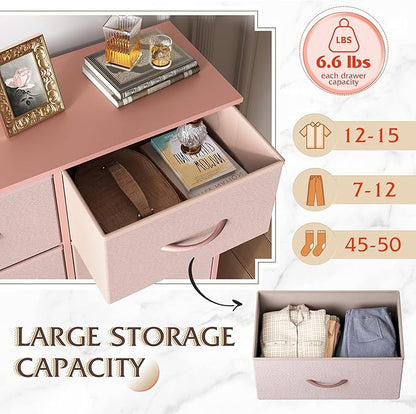 WLIVE Fabric Dresser for Bedroom, Tall Dresser with 8 Drawers, Storage Tower with Fabric Bins, Double Dresser, Chest of Drawers for Closet, Playroom, Dormitory, Pink and Rose Gold