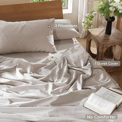 MooMee Bedding Duvet Cover Set 100% Washed Cotton Linen Like Textured Breathable Durable Soft Comfy (Solid Light Tan, Super King 108"x98")