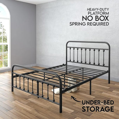 Golden Gate Beds Victorian Vintage Style King Size Metal Bed Frame with Wrought Iron Headboard and Footboard – Classic Platform Bed with 11" Storage Space, No Box Spring Required, Black Finish