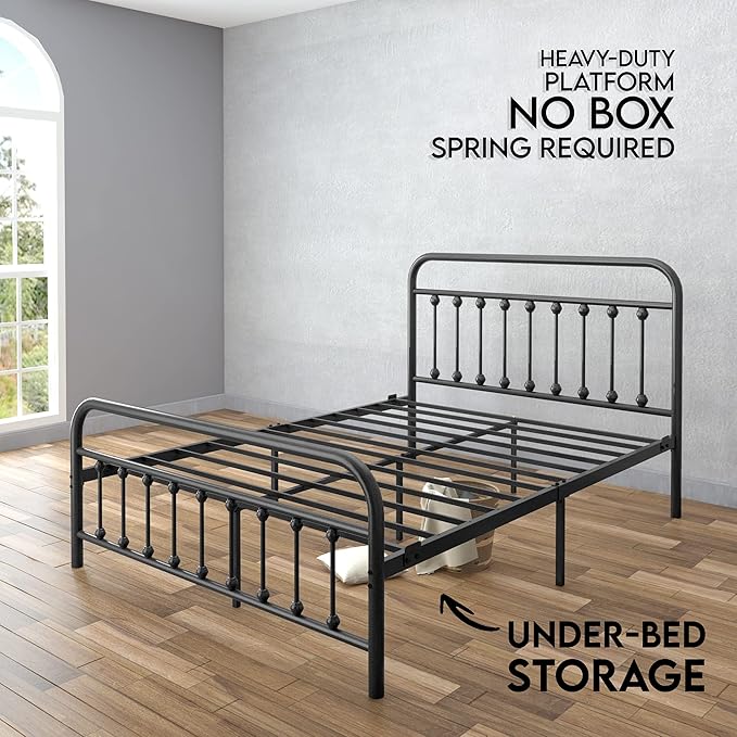 Golden Gate Beds Victorian Vintage Style Metal Bed Frame with Wrought Iron Headboard and Footboard, Classic Platform Bedframe Storage, No Box Spring Needed, Mattress Foundation, Black, California King