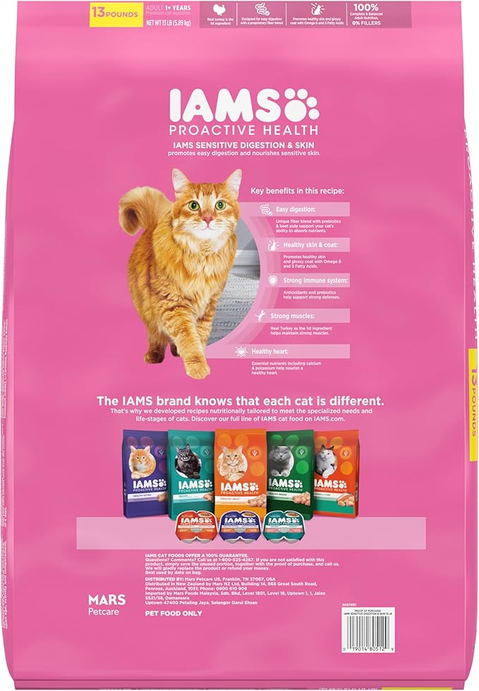 IAMS Proactive Health Adult Sensitive Digestion & Skin Dry Cat Food with Turkey, 13 lb. Bag-Mewly Pet