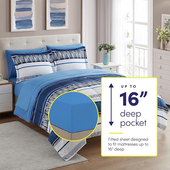 Sweet Home Collection 7 Piece Comforter Set Bag Solid Color All Season Soft Down Alternative Blanket & Luxurious Microfiber Bed Sheets, Mediterranean, Queen