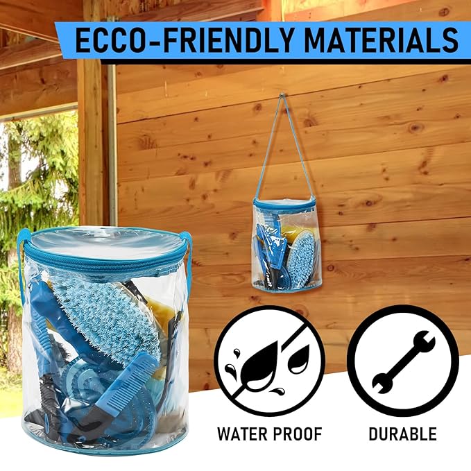 9 Pieces Horse Grooming Kit Tack Room Supplies Set with Organizer Tote Bag, Oval Massage Curry, Hard and Soft Brush, Hoof Pick, Sweat Scraper, Bathing Sponge, Combs for Horse Riders Beginners (Blue)-Mewly Pet