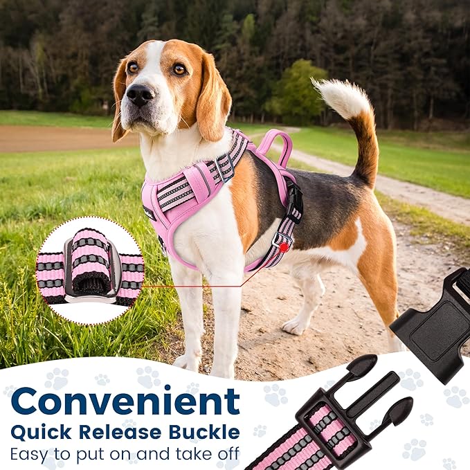 Funfox Dog Harness No Pull, Adjustable Pet Vest Harness, Super Soft Material with Vertical Handle Easy Control, Reflective Night Walking, 2 Leash Clips for XLarge Dogs, Pink, XL-Mewly Pet
