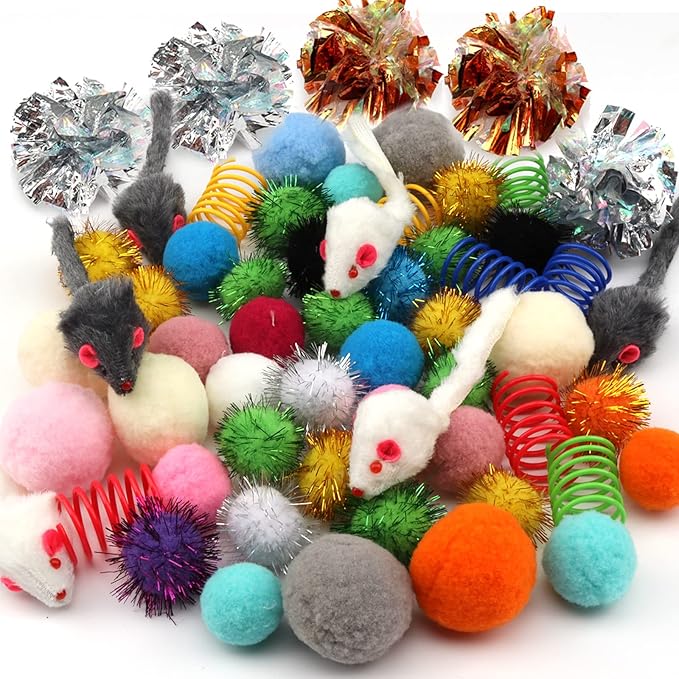 60 Pack Cat Toys - Assorted Kitten, Mouse, Crinkle & Pom Pom Balls-Mewly Pet