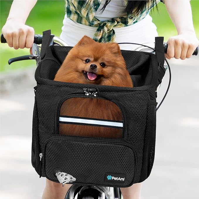 PetAmi Dog Bike Basket, Soft-Sided Ventilated Dog Bike Carrier Backpack, Pet Bicycle Basket for Bike Handlebar, Small Medium Puppy Cat Kitten Car Booster Seat with Safety Strap, Max 18 lbs, Black-Mewly Pet