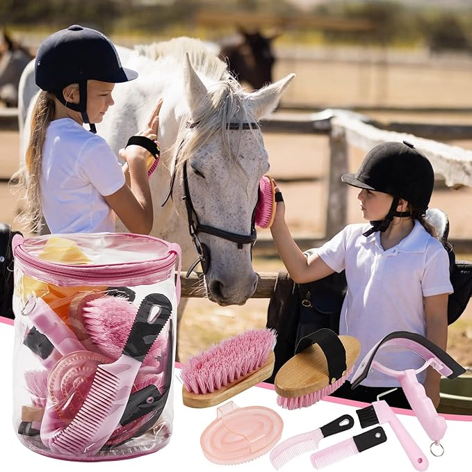 9 Pieces Horse Grooming Kit Tack Room Supplies Set with Organizer Tote Bag, Oval Massage Curry, Hard and Soft Brush, Hoof Pick, Sweat Scraper, Bathing Sponge, Combs for Horse Riders Beginners (Pink)-Mewly Pet
