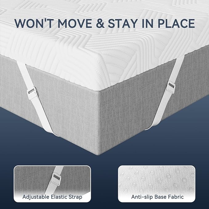 ELEMUSE 2 Inch Gel Memory Foam Mattress Topper Queen Size Pressure-Relieving Mattress Topper for Back Pain,Non-Slip Design with Removable & Washable Cover, CertiPUR-US