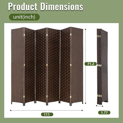 FDW Room Divider Wood Screen 6 Panel Folding Portable Partition Screens Wooden Mesh Woven Design Room Divider for Home Office (Dark Brown)
