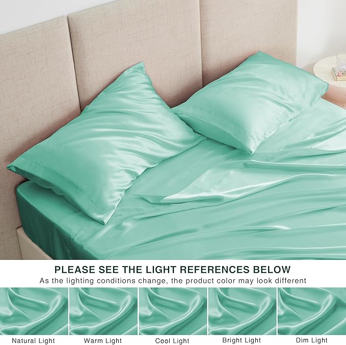 Love's cabin Full Satin Bed Linen Set, 4 Piece, Aqua, Silky Soft, Luxury Feeling, Wrinkle Resistant, Deep Pockets, Fitted & Flat Sheets, 2 Pillowcases
