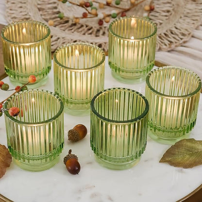 Kate Aspen Vintage Ribbed Glass Candle Holder Decor, Green Votive Candle Holders for Holiday Table Decor, Tealight Candles Holder Glass, Dinning & Christmas Table Decoration Tablescape (Pack of 36)