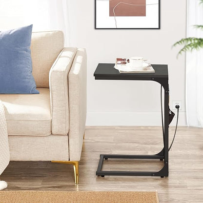 TUTOTAK C Shaped End Table with Charging Station, Side Table for Sofa, Couch Table with Storage Bag, Set of 2, TV Tray Table with 2 USB Ports and Outlets for Living Room, Bedroom, Black TB01BK0242