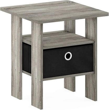 Furinno ANDREY Side Table, End Table, Night Stand with Open Shelves and Storage Bin, Bedside Table, for Living Room, Bedroom, French Oak