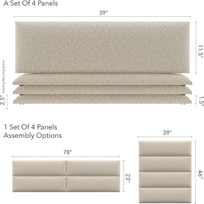 Vänt Upholstered Wall Panels - King/Cal King Size Wall Mounted Headboards - Faux Merino Wool Cream - Twin/King - Set of 4 Panels (Each Individual Panel 39"x11.5")