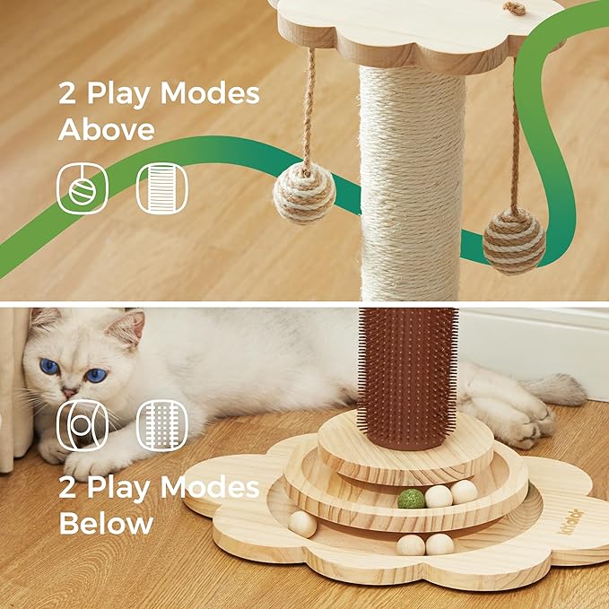 Cat Sisal Scratching Post, 4 in 1 Wooden Cat Scratcher Toy with Groomer, 24" Tall Scratch Post with 2-Layer Interactive Track Balls, Cat Climbing Tree with 2 Hanging Balls for Kittens-Mewly Pet