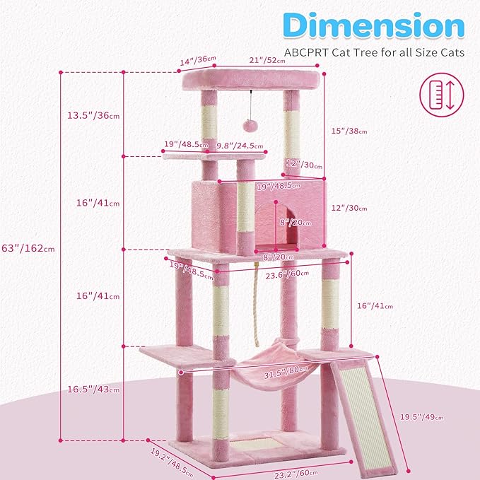 Cat Tree Tower 63in Multi-Level Cat Tower for Indoor Cats with Sisal Scratching Posts, Condo, Hammock, Dangling Ball and Extended Platform for Cats to Play, Pink-Mewly Pet