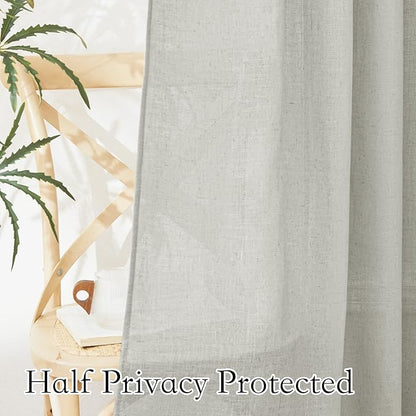RYB HOME Linen Curtains 108 inches Long, Breathable Vintage Flax Linen Fabric Light Filtering Half Privacy Protected for Sliding Door Living Room Farmhouse, W 52 x L 108 inch, 2 Panels, Grey