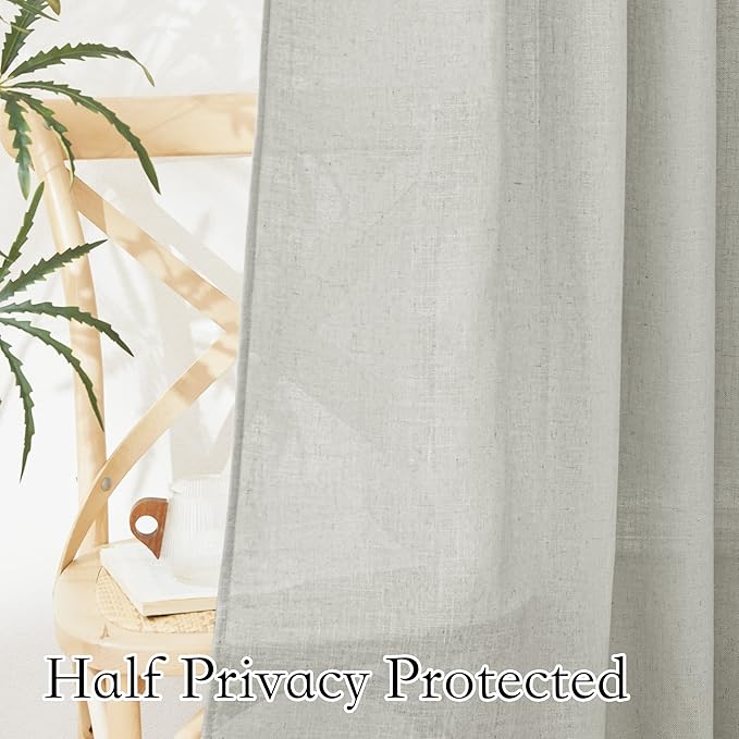 RYB HOME Grey Curtains Linen Blend Drapes, Semi Sheer Light Filtering Privacy UV Protection Back Tab Draperies for Living Room, Closet, French Door, Bay Window, Wide 52 by Long 63 inch, 2 Panels