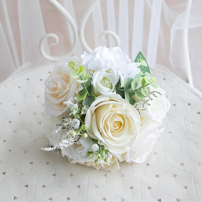 Wedding Bouquets for Bride Bridesmaid, Artificial White Champagne Bride Flower Bouquet for Wedding Church Decoration Ceremony, Anniversary, White Roses Flowers