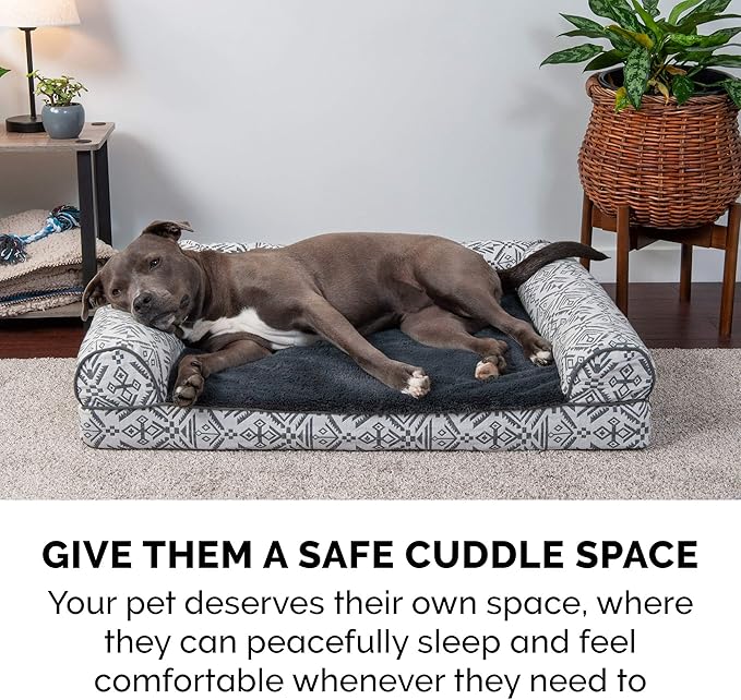 Furhaven Orthopedic Dog Bed for Large/Medium Dogs w/ Removable Bolsters & Washable Cover, For Dogs Up to 55 lbs - Plush & Southwest Kilim Woven Decor Sofa - Boulder Gray, Large-Mewly Pet