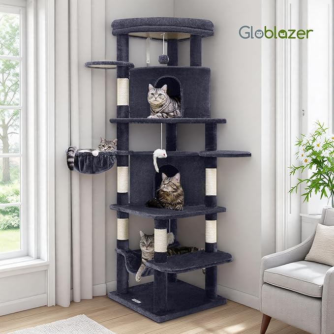Globlazer Corner Cat Tree for Large Cats, 66inch Tall Curved Series Large Cat Tower for Multiple Indoor Cats with 6 Scratching Posts, 2 Spacious Cat Condos, Hammock, Hanging Basket, C66, Dark Grey-Mewly Pet