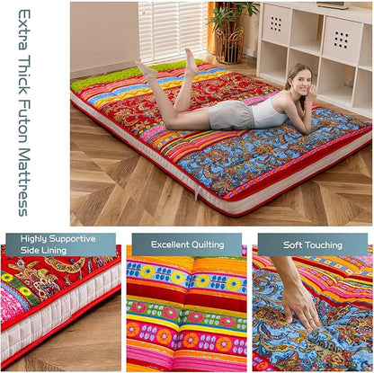 MAXYOYO Twin Size Futon Floor Mattress Shikibuton Sleeping Mats for Adults, Floor Futon with High-Density Foam, Portable Mattress for Living Room, Guest Room, Bohemian C