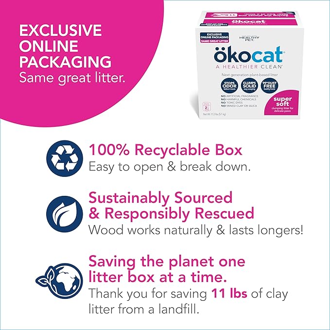 ökocat Super Soft Wood Clumping Cat Litter, Unscented,11.2 pounds - Natural Ingredients, Stops Odor, Clumps Solid, 99% Dust Free, Great for All Cats, Sensitive Paws, Kittens-Mewly Pet