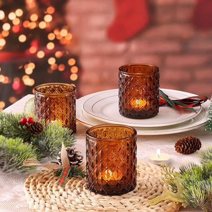 12Pcs Large Votive Candle Holders 2.8 * 3.2in Amber Tea Light Candle Holders Glass Candle Holder for Wedding Table Centerpiece, Home Decor, Birdal Shower, Party, Fall Decor