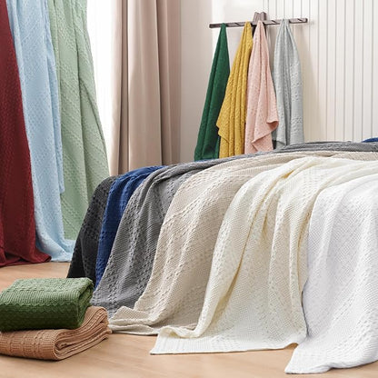 PHF 100% Cotton Waffle Weave Blanket King Size for Bed, Soft Lightweight & Breathable, All-Season Comfort, Luxury Aesthetic Woven Bedding for Home Decor, 108"x90", Blue Sapphire