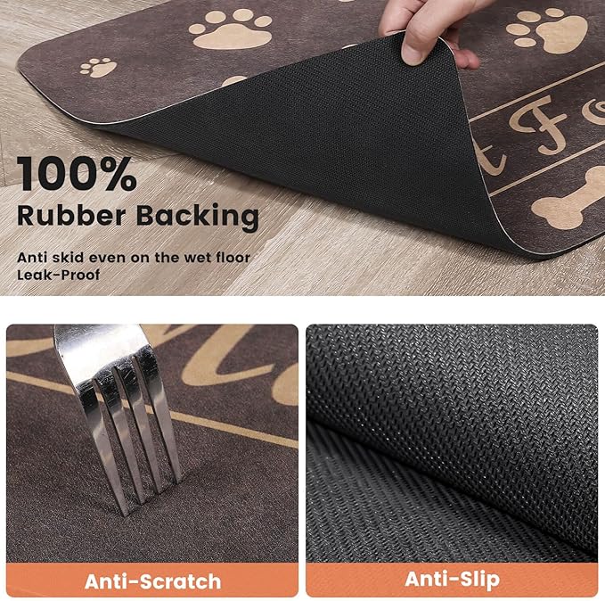 Pet Feeding Mat-Absorbent Pet Placemat for Food and Water Bowl, with Waterproof Rubber Backing, Quick Dry Water Dispenser Mat for Dog and Cat (17"x27", Brown)-Mewly Pet