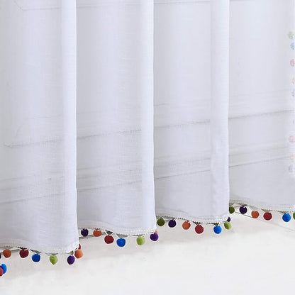 Treatmentex Sheer White Curtains with Multi-Color Pom-Pom Sheer Curtains for Toddler 84" Long Linen Textured Decorative Nursery Room Window Drapes 52" w 1Pair