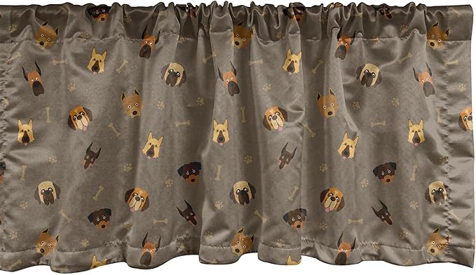 Ambesonne Dog Lover Window Valance Pack of 2, Repetitive Pattern of Pet Heads Paw Prints and Bones, Rod Pocket Curtain Valances for Kitchen Bedroom, 42" X 12", Taupe