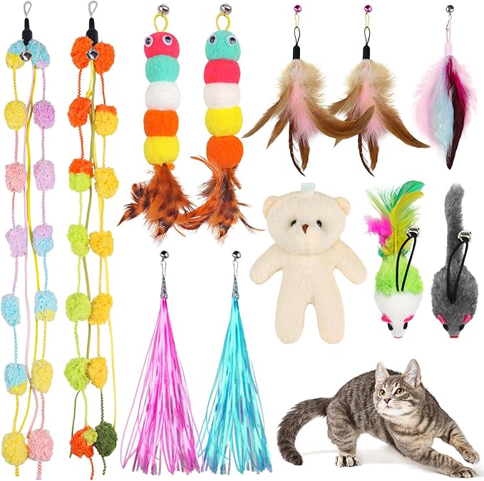 Cat Feather Wand Replacement - 12 PCS Toy Refills and Attachments for Cat Toys-Mewly Pet