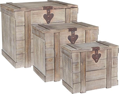 Household Essentials Antiqued Decorative Trunk, 3 Piece Set, Small, Medium and Large, Chinese Fir Panel and MDF, Smooth Backing and Metal Hinge Accent, Flat Top and Stay-Open Lid