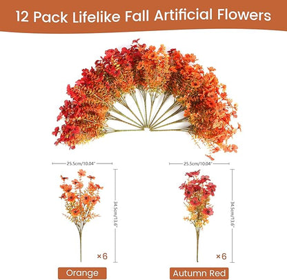 Artificial Fall Flowers for Decoration Fake Flowers Outdoor Artificial Plants, 12 Bundles Faux Mums Autumn Plastic Flower UV Resistant for Porch Patio Home Yard Garden Window Box Pot Planters