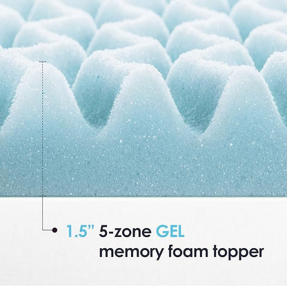 Mellow 1.5 Inch 5-Zone Memory Foam Mattress Topper, Cooling Gel Infusion, Queen, Blue