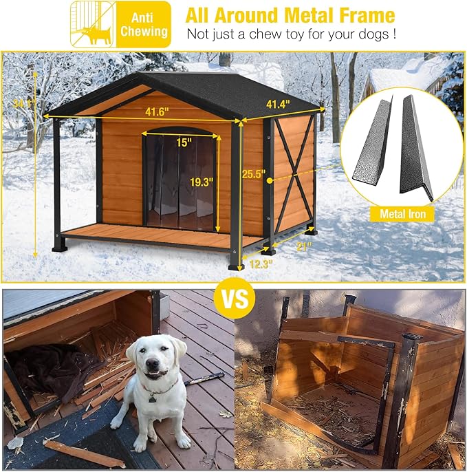 Aivituvin Outdoor Dog House with Chewproof Strong Metal Frame Insulated Outside Dog Kennel Weatherproof for Medium to Large Dogs, (41.5" L x 41.4" D x 34.1" H)-Mewly Pet