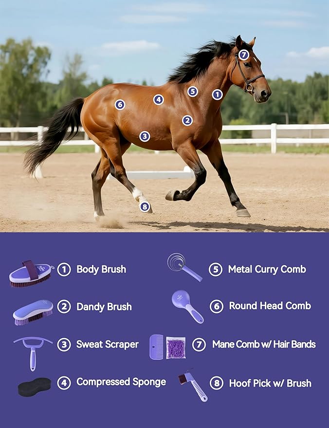 9PCS Horse Grooming Kit Curry Comb Sweat Scraper Horse Bathing Supplies Grooming Tools with Storage Bag Sugar Taro-Mewly Pet