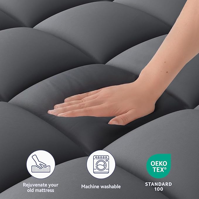 ELEMUSE Twin Grey Mattress Topper for Back Pain, Extra Thick Mattress Pad Cover, Plush Soft Pillowtop with Elastic Deep Pocket, Overfilled Down Alternative Filling