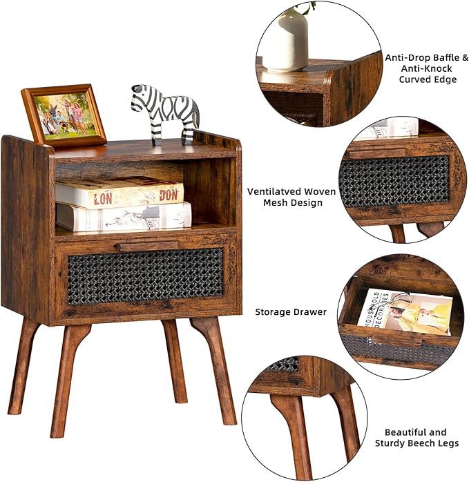 Lerliuo Rattan Nightstand, Boho Side Table with Drawer Open Shelf, Cane Accent Bedside End Table with Solid Wood Legs for Bedroom, Dorm and Small Spaces (Brown)