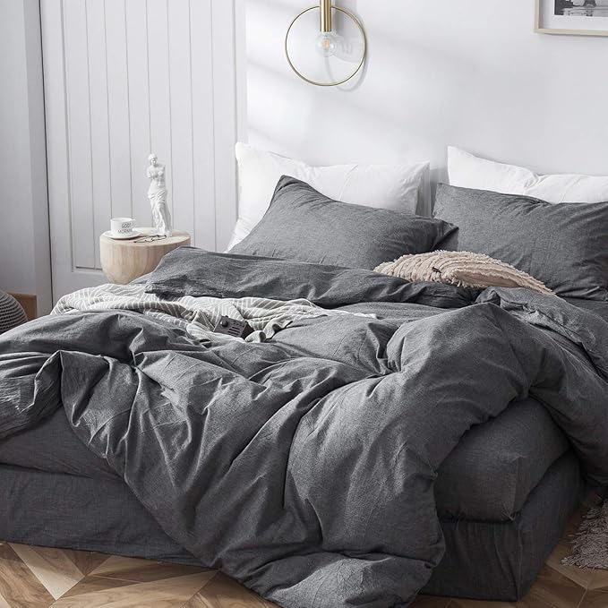 MooMee Bedding Duvet Cover Set 100% Washed Cotton Linen Like Textured Breathable Durable Soft Comfy (Heathered Dark Grey, Oversized Queen 98"x98")