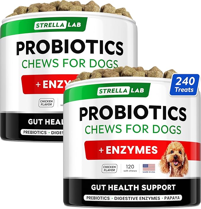 StrellaLab Pet Probiotics for Dogs & Digestive Enzymes - Digestion & Gut Health Treats, Dog Probiotics Chews, Fiber Supplement, Anti Diarrhea, Constipation, Upset Stomach&Gas Relief, Canine Prebiotic-Mewly Pet