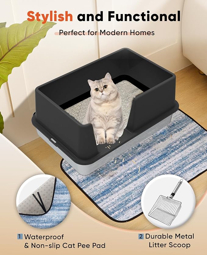 Stainless Steel Litter Box with Lid, 23.5" L x 15.8" W x 10.5" H, Large Metal Cat Box for Big Cats, High Sided Kitty Litter Box with Scoop & Pee Pads, Non-Sticky, Anti-Leakage, Easy to Clean (Black)-Mewly Pet