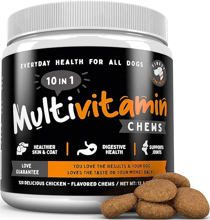 Multivitamin Dog Supplement – 10 in 1 with Omega Fish Oil & Glucosamine for Improved Joint & Skin Support, Gut, Digestion & Immune Everyday Health (120 Chewable Treats)-Mewly Pet