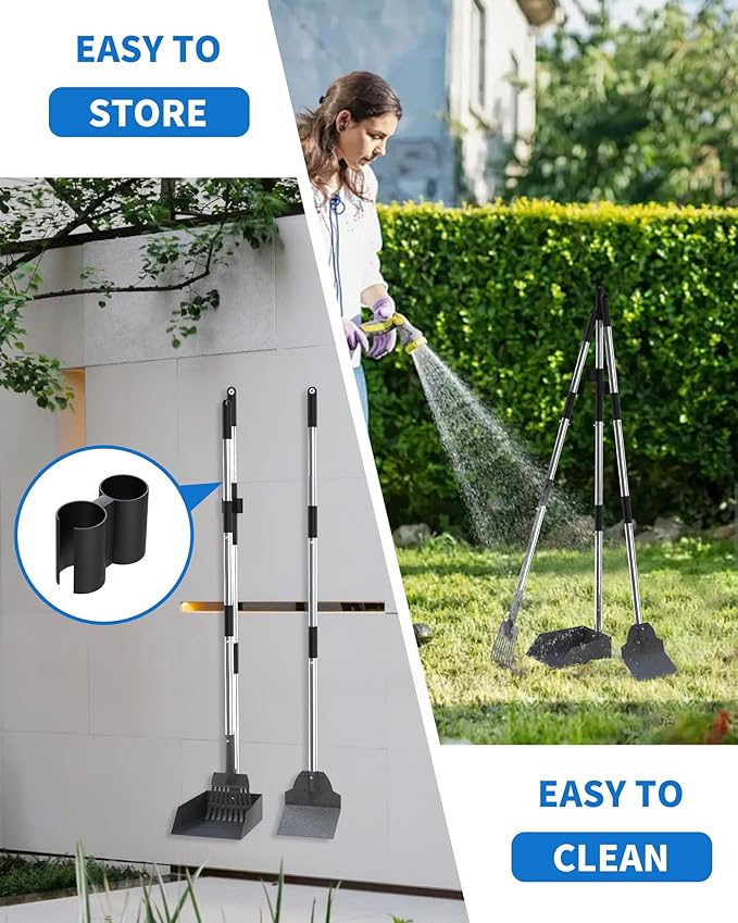 Dog Pooper Scooper Set, Stainless Metal Tray Rake Spade 3 Pack, Long Handle Pet Waste Scooper for Large Medium Small Dogs, Heavy Duty Poop Scooper for Yard, Grass, Dirt or Gravel-Mewly Pet