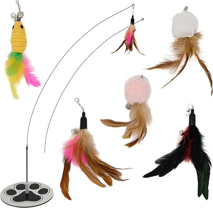 Interactive Cat Toys for Indoor Cats 2 in 1 Cat Wand Toys Solid Round Base Toys for Bored Indoor Adult Cats Self Play Feather Toy Bird Feather-Mewly Pet